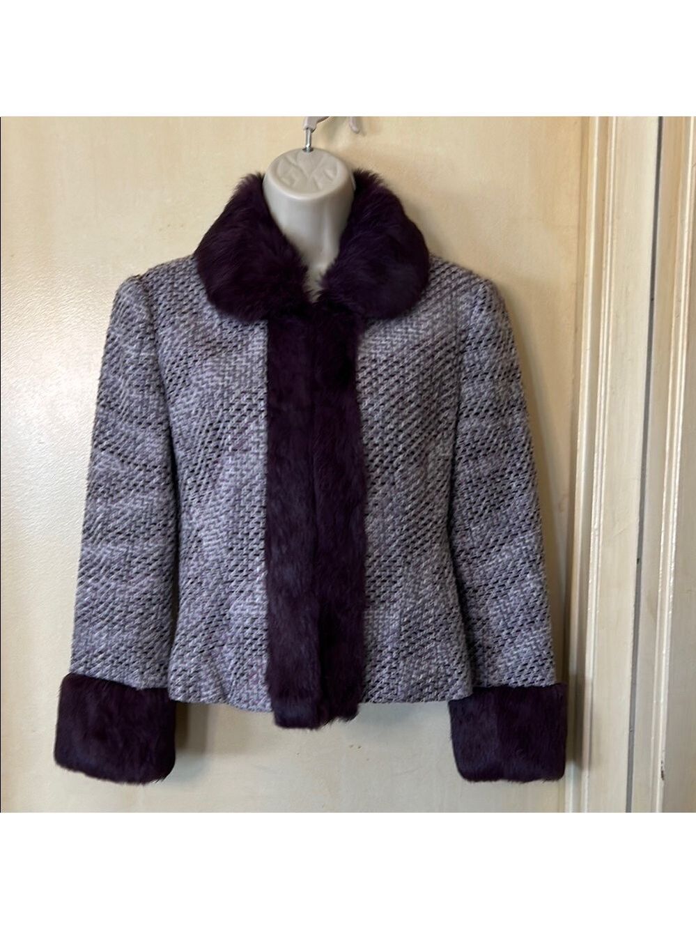 Bebe Gray and Purple Tweed Jacket with Rabbit Fur Collar and Cuffs size S